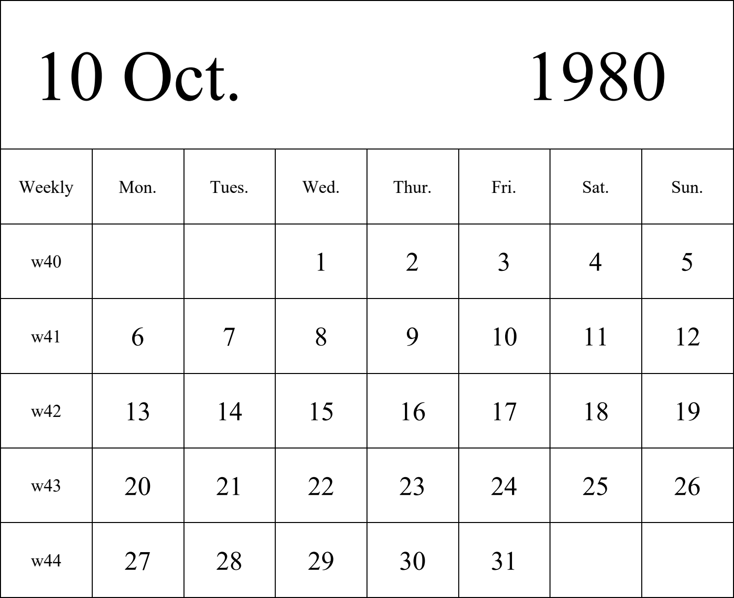 日历表1980年日历 英文版 纵向排版 周一开始 带周数